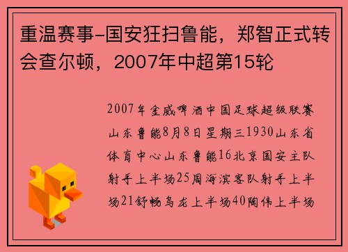 重温赛事-国安狂扫鲁能，郑智正式转会查尔顿，2007年中超第15轮
